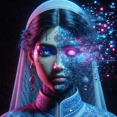 The primary subject of the image is a woman with a blue eye, wearing a blue dress. She is depicted in a digital art style, with a blue and purple color scheme. The setting is a dark room, and the woman appears to be a character from a video game.